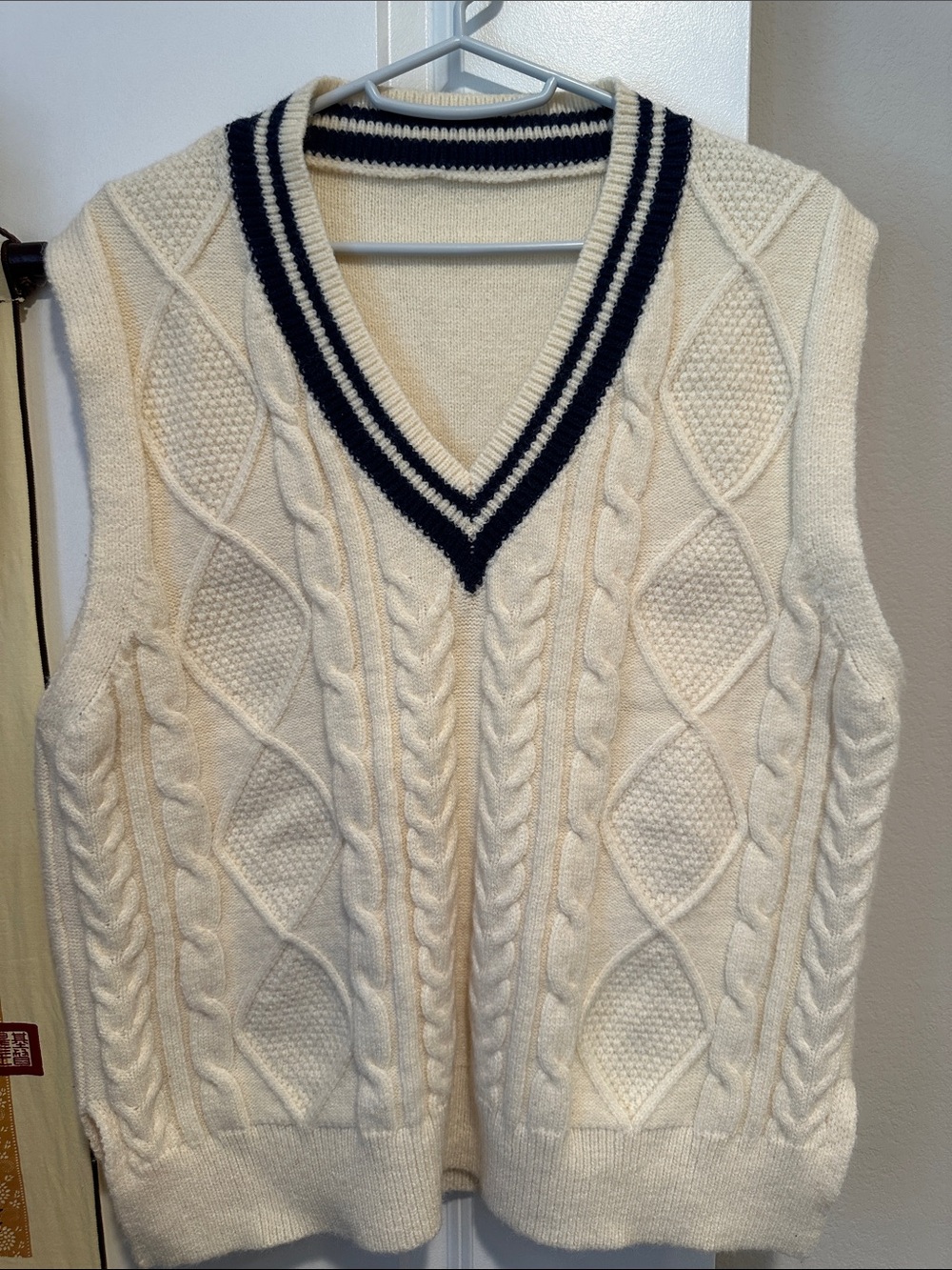 Cream Cable Knit V-Neck Sweater Vest with Navy Stripe